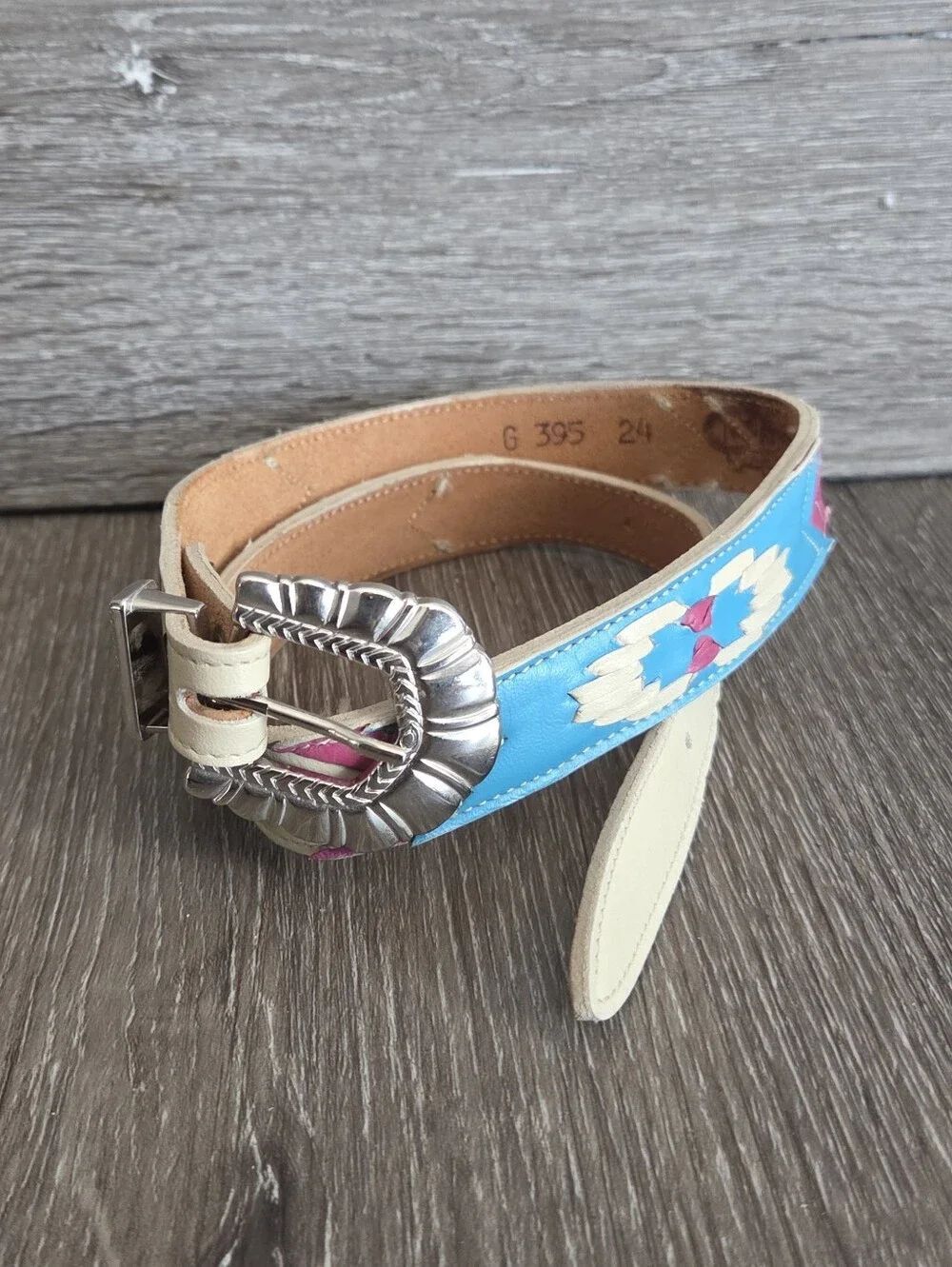 Vintage Nocona Leather Belt Blue Pink Cream Western SZ 24 Rodeo Stitching 90s
